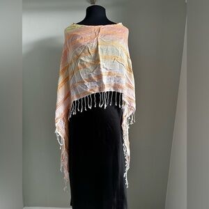 ECHO Poncho Scarf Swimsuit Beach Coverup Costal Striped Fringe Boho Yellow OS
